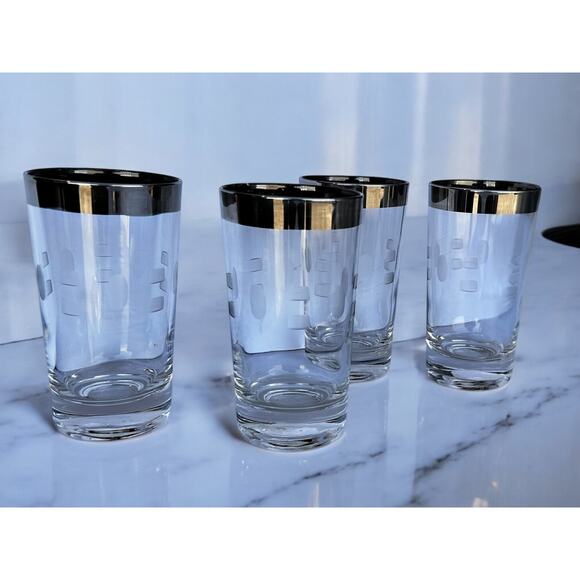 Vintage MCM Silver Rimmed Drinking Glasses w Etched Geometric Design-Set of 4 - Picture 3 of 5
